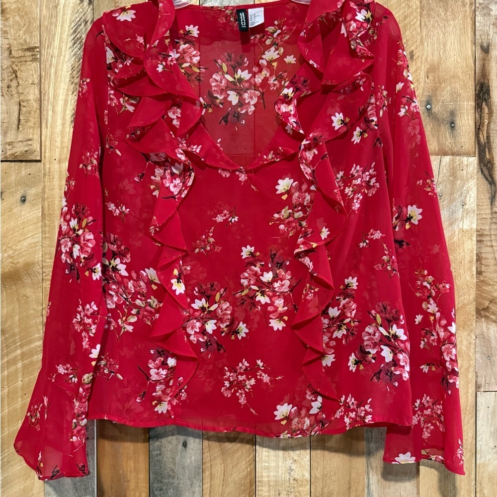 Divided Red Floral Ruffle Blouse - Picture 2 of 2